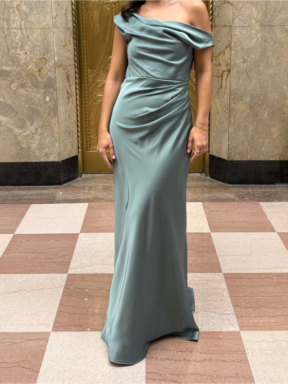 Azazie One-Shoulder Sage Green Satin Gown